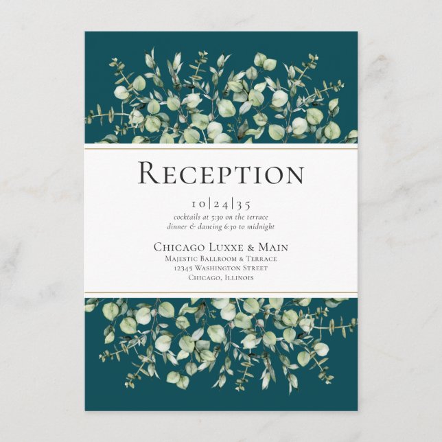 Teal Eucalyptus Wedding Reception Enclosure Card (Front)