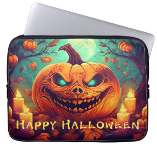 Teal-Eyed Pumpkin Candles Full Moon Halloween Laptop Sleeve