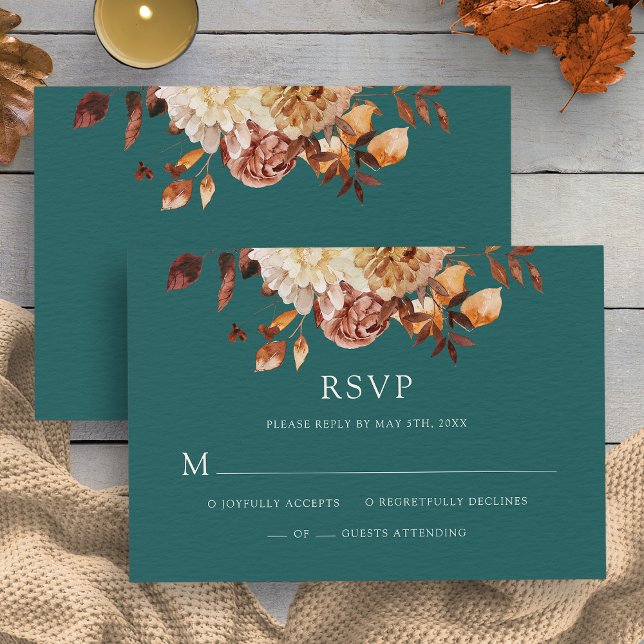 Teal Fall Copper Floral Wedding RSVP Card (Teal Fall Copper Floral Wedding RSVP Card by Painted Paperie
)