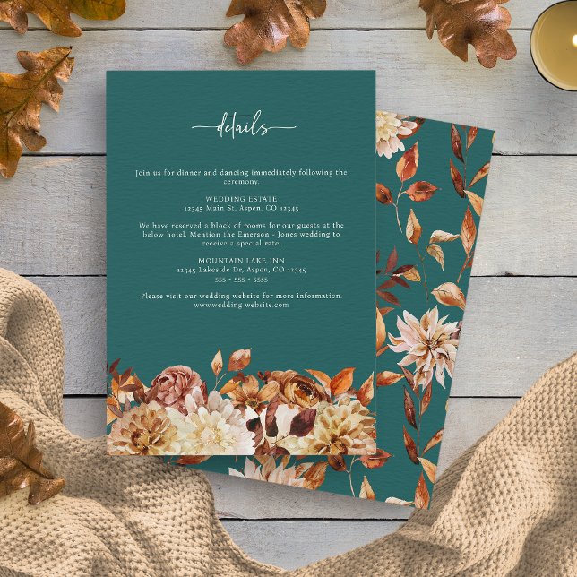 Teal Fall Details Enclosure Card (Teal Watercolor Fall Floral  Details Enclosure Card by Painted Paperie
)