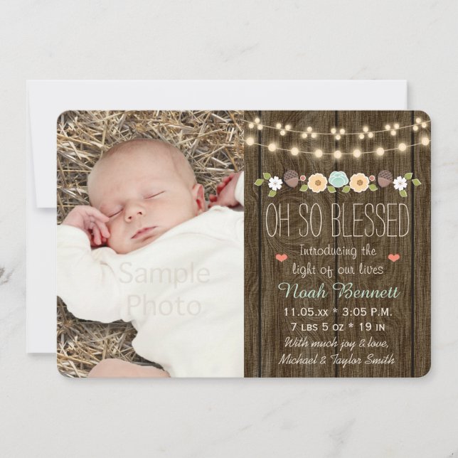 Teal Fall Rustic String of Light Baby Announcement (Front)