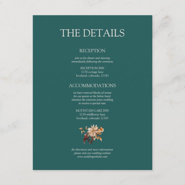 Teal Fall Terracotta Watercolor Floral Wedding Enclosure Card (Front)