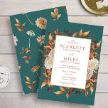 Teal Fall Terracotta Watercolor Floral Wedding Invitation<br><div class="desc">Teal Fall Terracotta Watercolor Floral Wedding Invitation. This elegant and rustic wedding invitation features hand-painted watercolor burnt orange and terracotta leaves, cream and beige dahlias, and beautiful rust-coloured roses perfect for a fall or autumn wedding! The back of the invite has a beautiful leaf and floral pattern on a dark...</div>