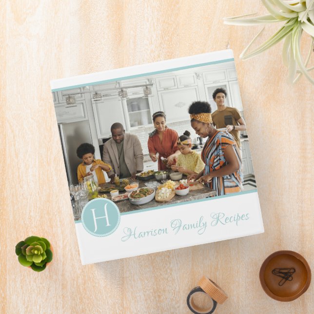 Teal Family Photo Monogram Recipe Binder (In Situ)