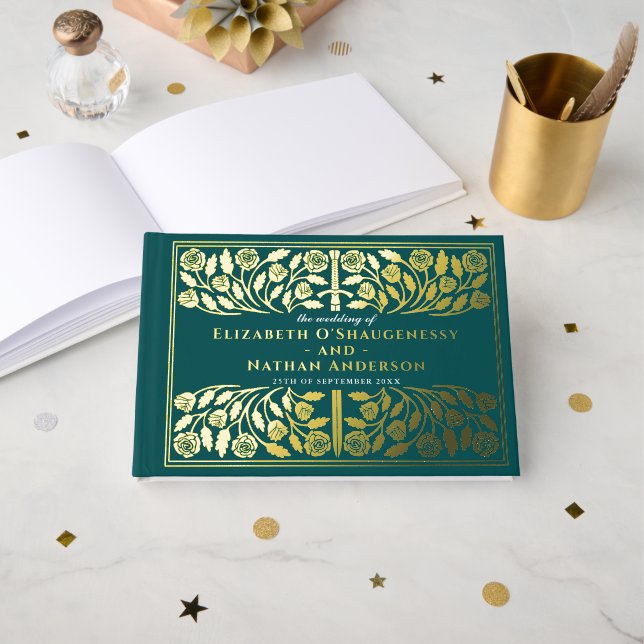 Teal Fantasy Royal Medieval Sword Wedding Guest Book (Front Open)