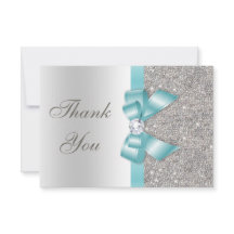 Teal Faux Bow Silver Diamonds Thank You