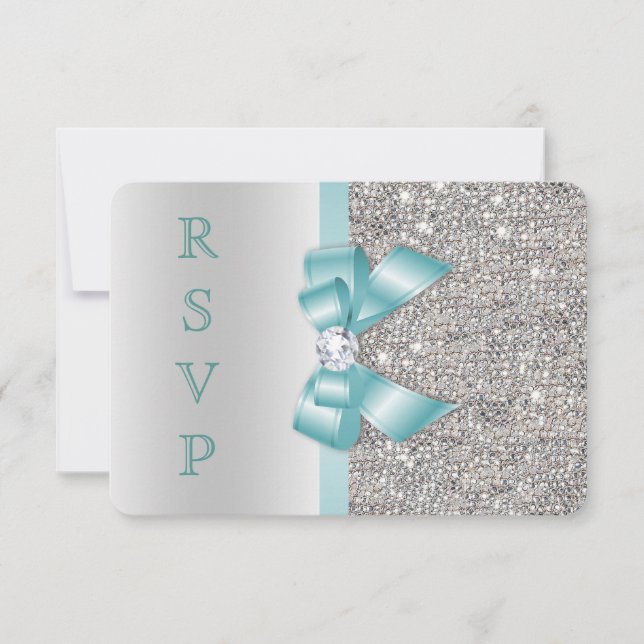 Teal Faux Bow Silver Sequins Diamond RSVP Invitation (Front)