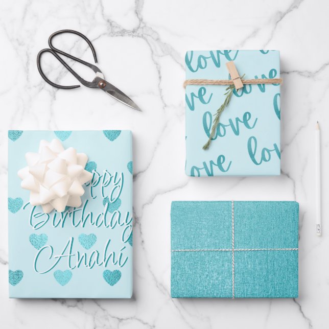 Teal Faux Foil Hearts Love Script | Turquoise  Wrapping Paper Sheet (Front)
