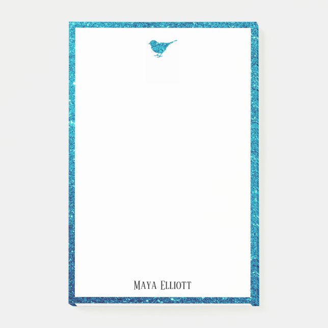Teal Faux Glitter Bird & Border on White Post-it Notes (Front)