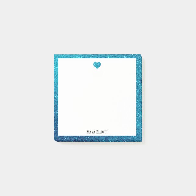 Teal Faux Glitter Heart & Border on White w/ Name Post-it Notes (Front)