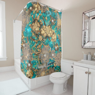 Teal Faux Gold Glitter Abstract Flowers Custom