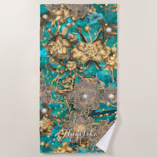 Teal Faux Gold Glitter Abstract Flowers Custom Beach Towel