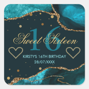 Teal & Faux Gold Glitter Agate Sweet 16 Square Sticker