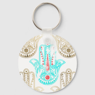 Teal faux gold watercolor Hamsa Hand of Fatima Keychain