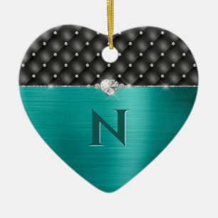Teal Faux Metal Glam Upholstery and Monogram Ceramic Ornament