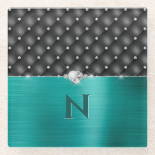 Teal Faux Metal Glam Upholstery and Monogram Glass Coaster