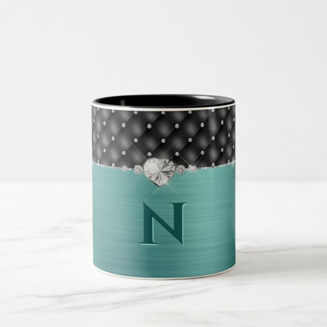Teal Faux Metal Glam Upholstery and Monogram Two-Tone Coffee Mug (Center)