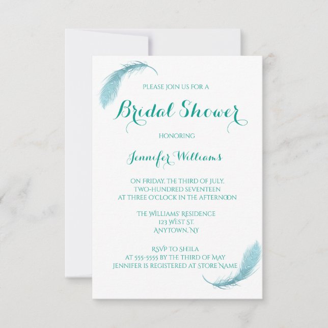 Teal feather bridal shower invitations (Front)