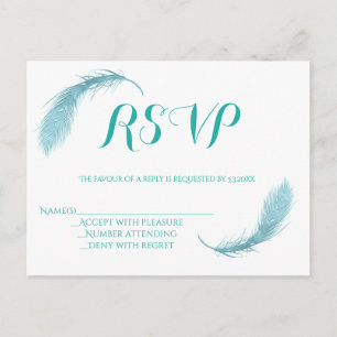 Teal feather wedding RSVP cards