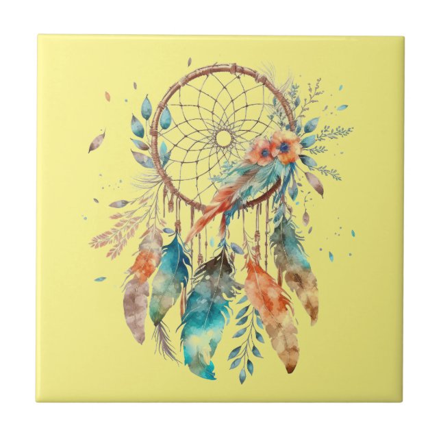 Teal Feather Yellow Watercolor Dreamcatcher Tile (Front)