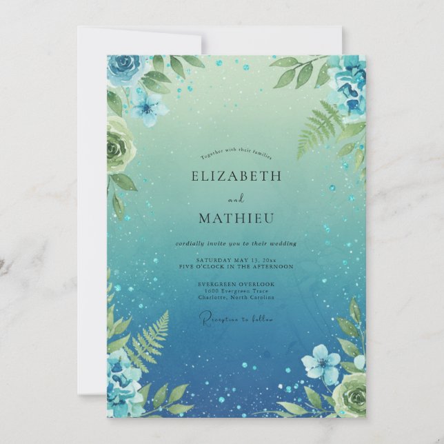 Teal Fern Leafy Wedding Invitation (Front)