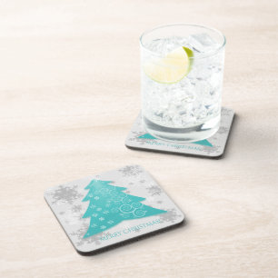 Teal Festive Christmas Tree Plastic Coaster