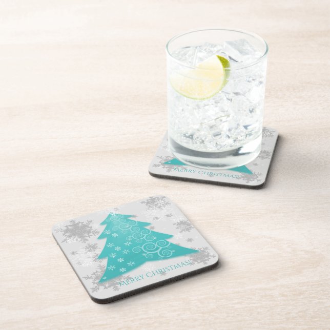 Teal Festive Christmas Tree Plastic Coaster (Right Side)