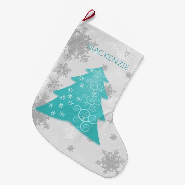 Teal Festive Christmas Tree Stocking (Front (Hanging))