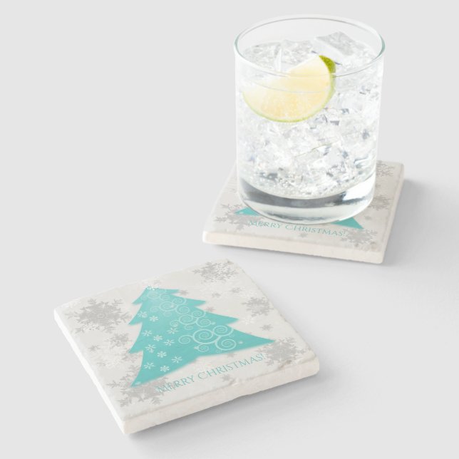 Teal Festive Christmas Tree Stone Coaster (Side)