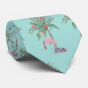 Teal Flamingo In Santa Hat with Palm Tree & Lights Tie