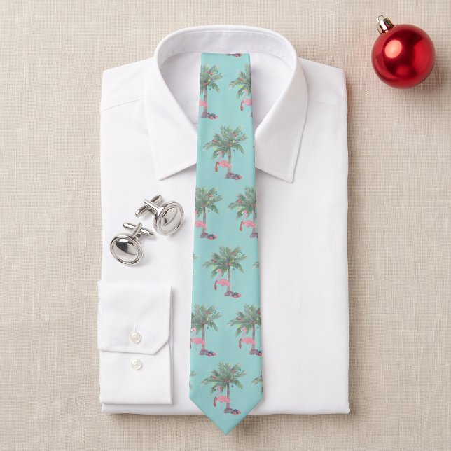 Teal Flamingo In Santa Hat with Palm Tree & Lights Tie (Creator Uploaded)
