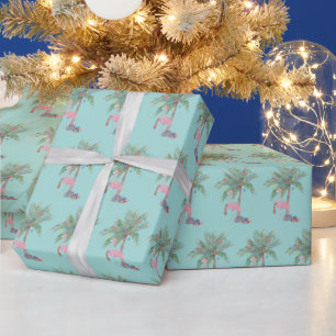 Teal Flamingo In Santa Hat with Palm Tree & Lights Wrapping Paper