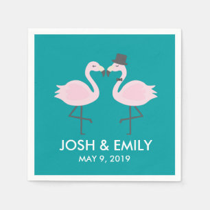 Teal Flamingo Wedding Bride & Groom Pair Napkin