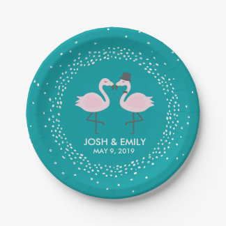 Teal Flamingo Wedding Bride & Groom Pair Paper Plate