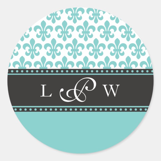 Teal Fleur de lis Wedding Monogram Sticker (Front)