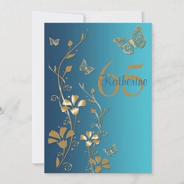 Teal, fleurs d'or et invitation de papillons (Devant)