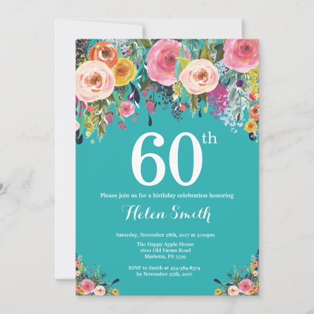 Teal Floral 60th Birthday Invitation (Front)