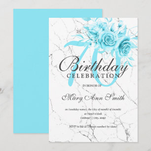 Teal Floral 70th Birthday Party Marble  Invitation
