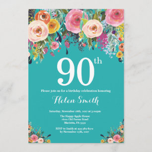 Teal Floral 90th birthday Birthday Invitation