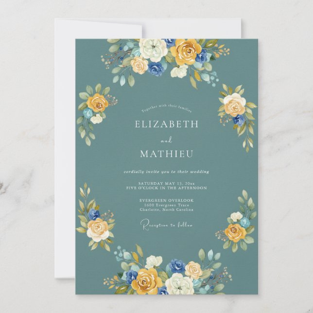 Teal Floral Aesthetic Wedding Invitation (Front)