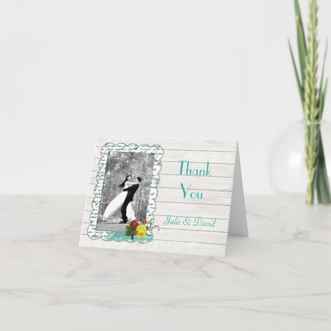 Teal Floral and Wood Wedding Thank You (Front)