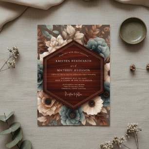 Teal Floral Autumn Bloom Wedding Invitation