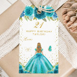 Teal Floral Blonde Hair Girl Happy Birthday Gift Tags<br><div class="desc">This elegant and glamourous happy birthday gift tag can be personalized with a name. The design features a beautiful princess with blonde hair and fair skin in a teal blue ball gown. The text combines handwritten script and modern sans serif fonts for a classy and sophisticated look. The floral arrangements,...</div>