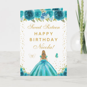 Teal Floral Blonde Hair Girl Sweet Sixteen Card