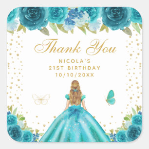 Teal Floral Blonde Hair Princess Birthday Party Square Sticker