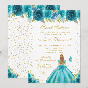 Teal Floral Blonde Hair Princess Sweet Sixteen Invitation