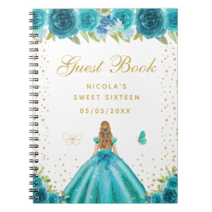 Teal Floral Blonde Hair Princess Sweet Sixteen Notebook