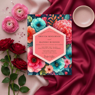 Teal Floral Bloom Romance Wedding Invitation
