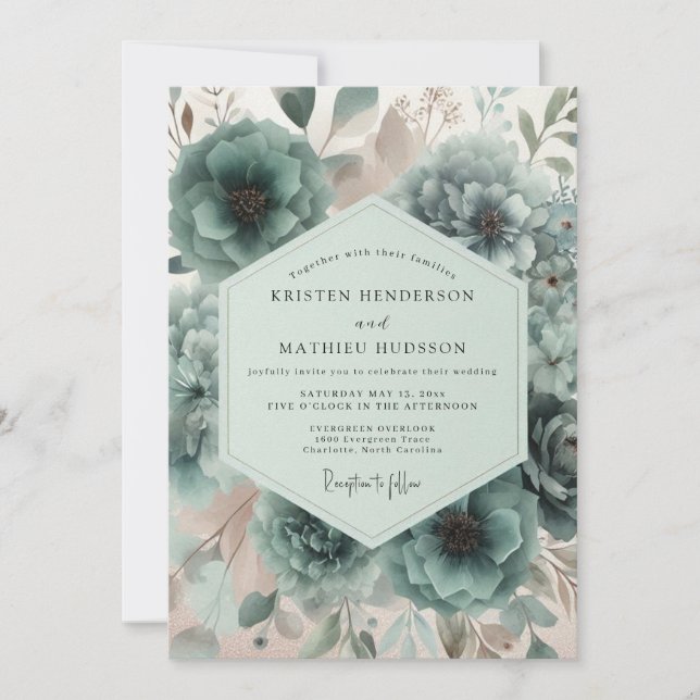 Teal Floral Bloom Wedding Invitation (Front)