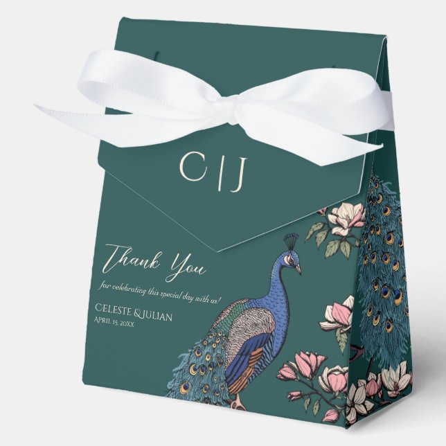 Teal Floral Blue Peacocks & Magnolia Flowers Favor Box (Front)